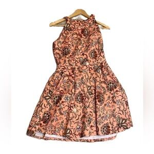 Copper Key Peach Floral Mini Dress M. High Neck, Fit And Flare, Back zip